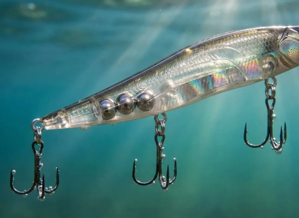 Underwater macro shot of a high-end translucent fishing lure, revealing the internal tungsten weight transfer system and detailed polycarbonate texture.