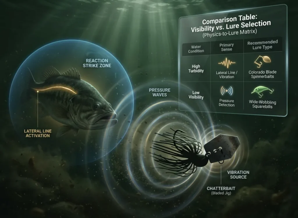 A professional 3D infographic illustrating the physics of fishing in murky 'Turnover Soup' water. The scene features a high-vibration chatterbait sending out visible pressure waves to a predator fish, alongside a clear comparison table titled 'Visibility vs. Lure Selection'.