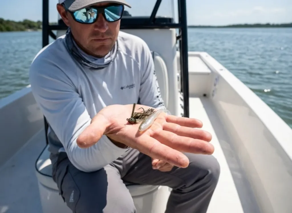 Angler comparing a Strike King tungsten jig to a weightless lure.