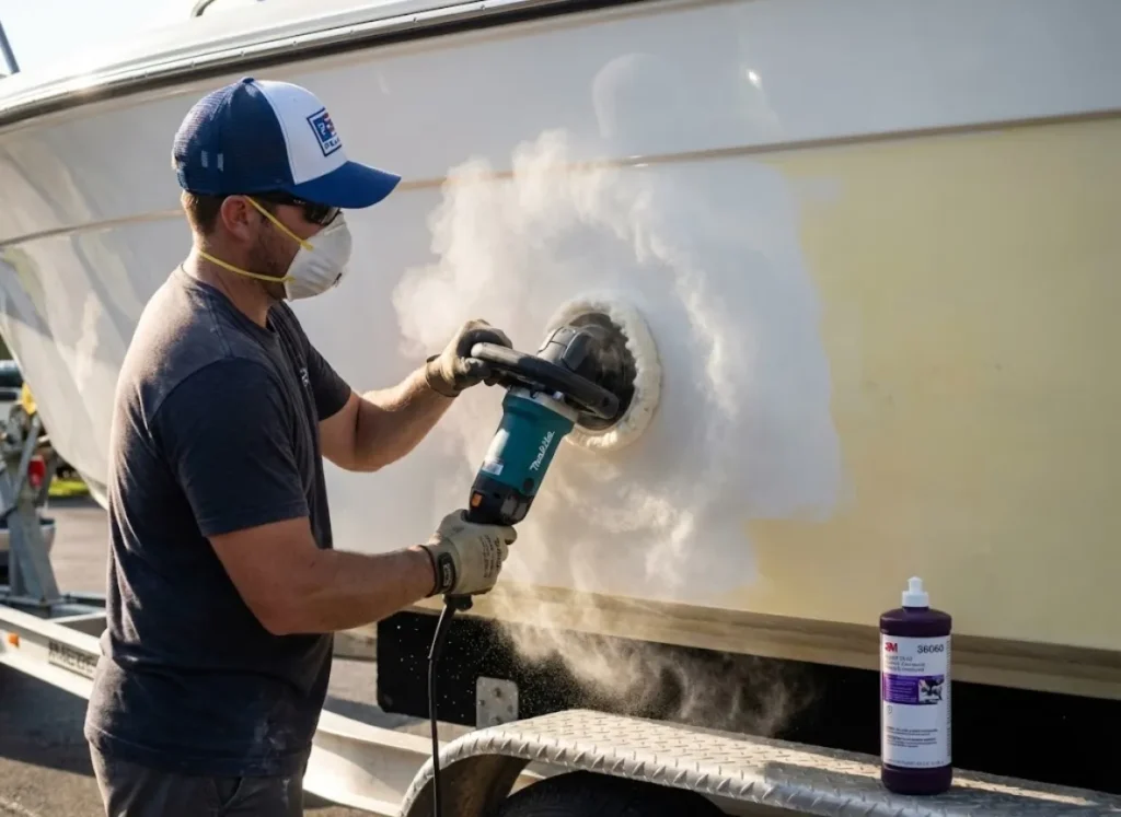 Man using a Makita rotary polisher and 3M compound to restore a boat hull, creating a cloud of polishing dust.