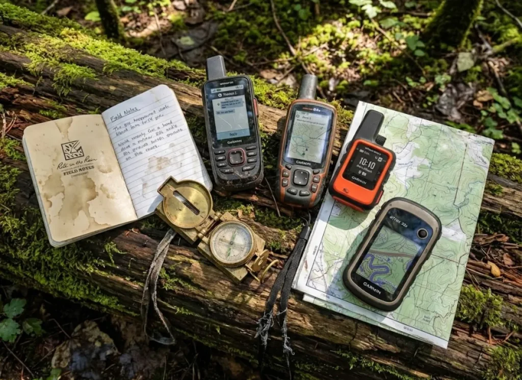 Multiple handheld GPS units laid out on a mossy rock for field testing comparison.