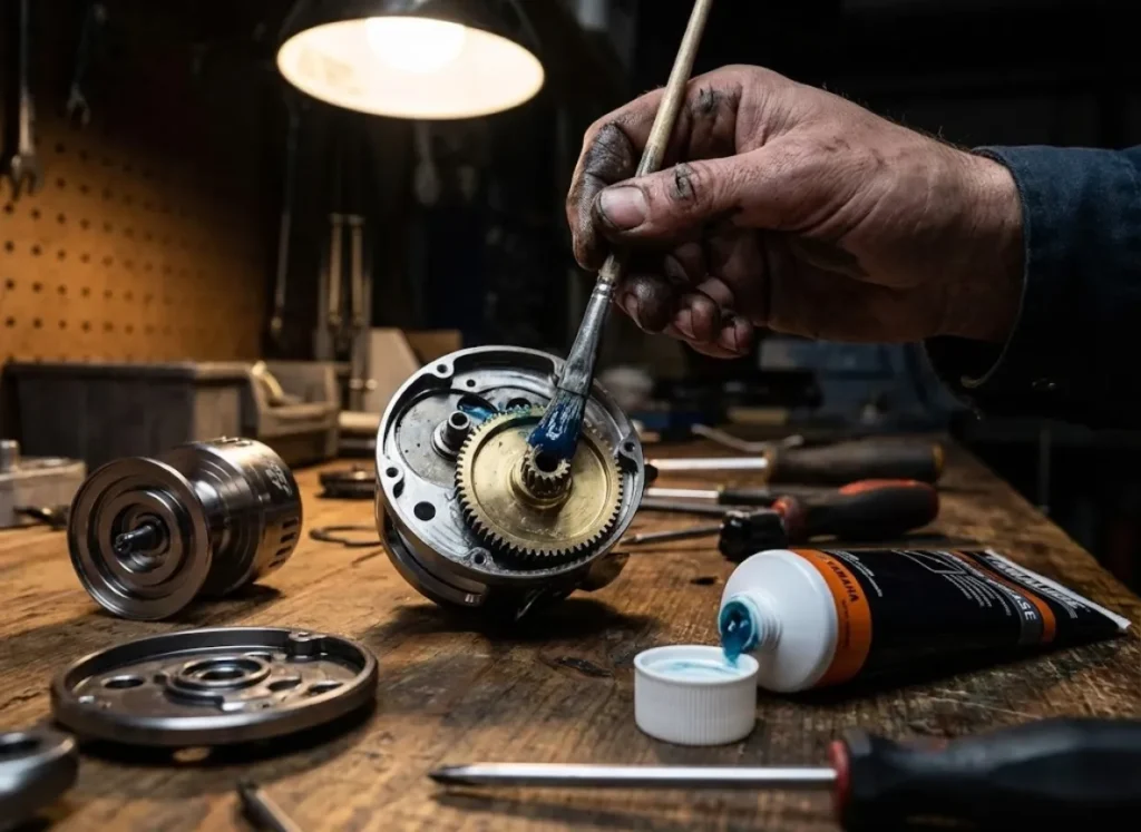 Mechanic applying Yamalube marine grease to the internal gears of a disassembled Daiwa Saltiga reel.