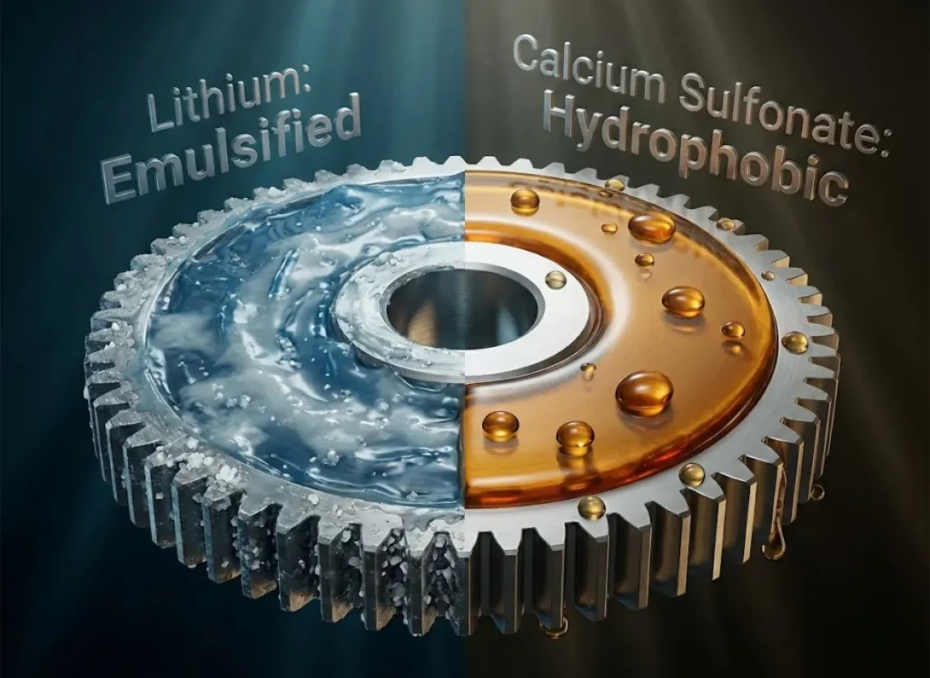 A split-screen high-definition 3D illustration comparing two fishing reel gears exposed to saltwater. The left side shows blue Lithium grease turning into milky sludge, while the right side shows Calcium Sulfonate grease repelling water beads, demonstrating superior marine protection.