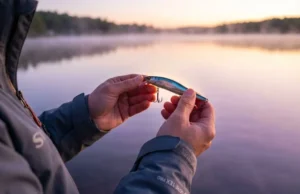 Master Lure Tuning: Make Any Fishing Lure Swim True Close-up of a professional angler holding a premium Megabass jerkbait against a sunrise lake background, checking the eyelet alignment.
