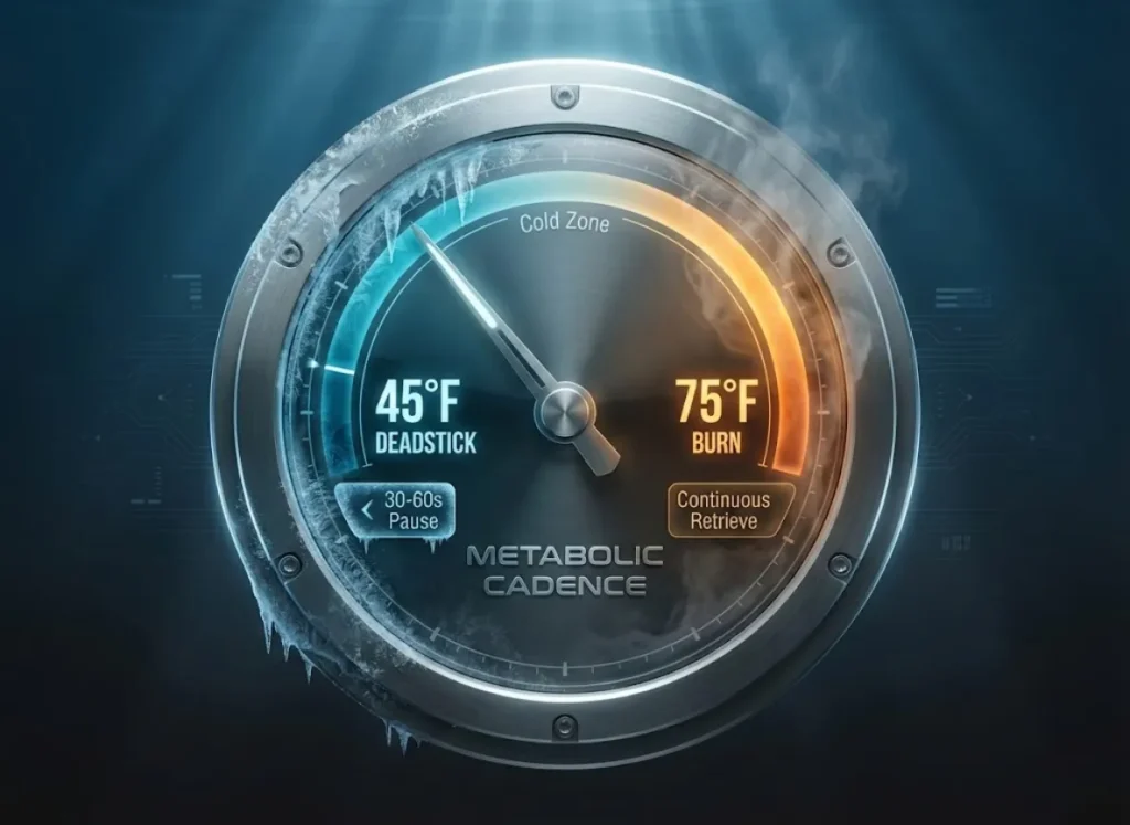 A high-definition 3D infographic illustration of a 'Metabolic Cadence Clock' for fishing. A circular gauge transitions from icy blue to warm amber, displaying retrieval speeds like 'Deadstick' and 'Burn' mapped to water temperatures.