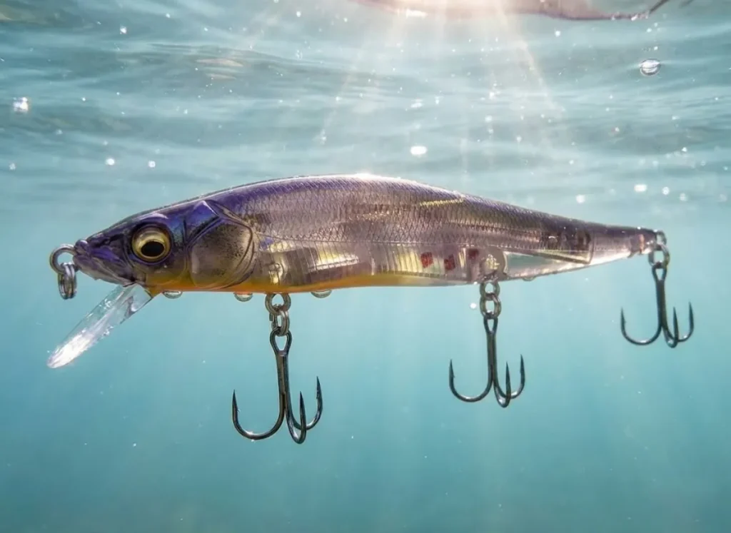 Underwater macro shot of a Megabass Vision 110 suspending lure, highlighting the realistic finish and neutral buoyancy required for precise metabolic cadence.