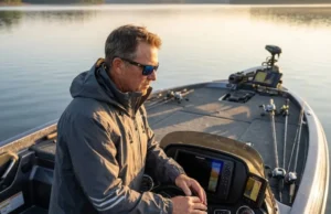 Metabolic Strike Guide: Fishing Dissolved Oxygen Levels Professional angler in Simms gear scanning a calm lake from a bass boat console at sunrise, cinematic lighting.