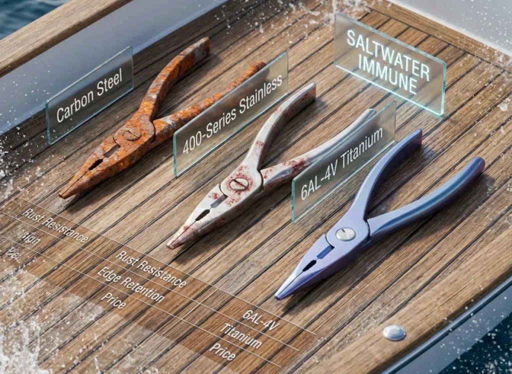 A high-end 3D infographic comparing three types of metal pliers—Carbon Steel, 400-Stainless, and 6AL-4V Titanium—resting on a wet, sunlit wooden dock. The image visualizes the varying degrees of rust resistance, with the Titanium tool remaining pristine while the others show signs of oxidation.