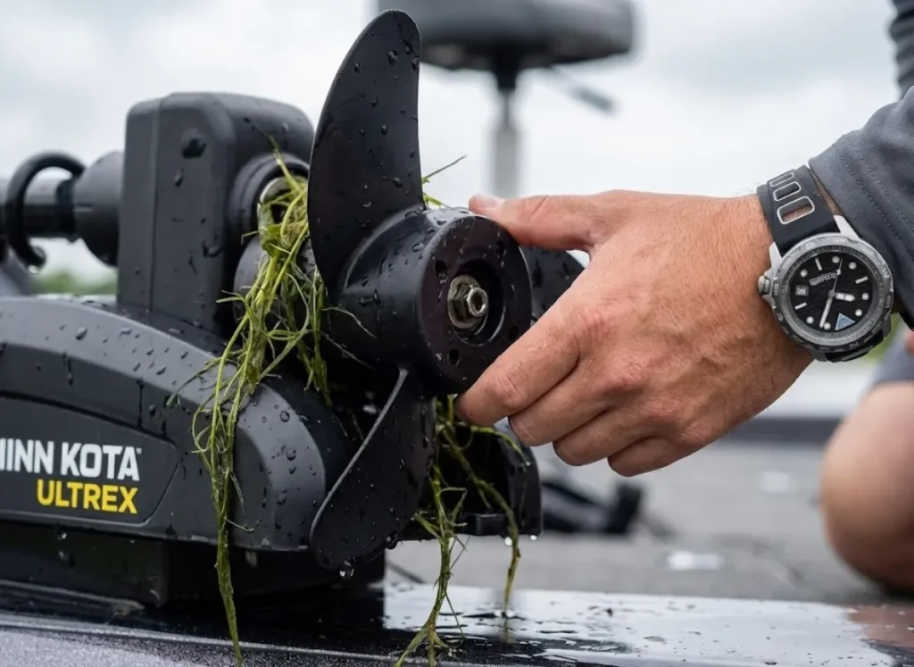 Close up of a Minn Kota trolling motor propeller being inspected for invasive species and weeds.