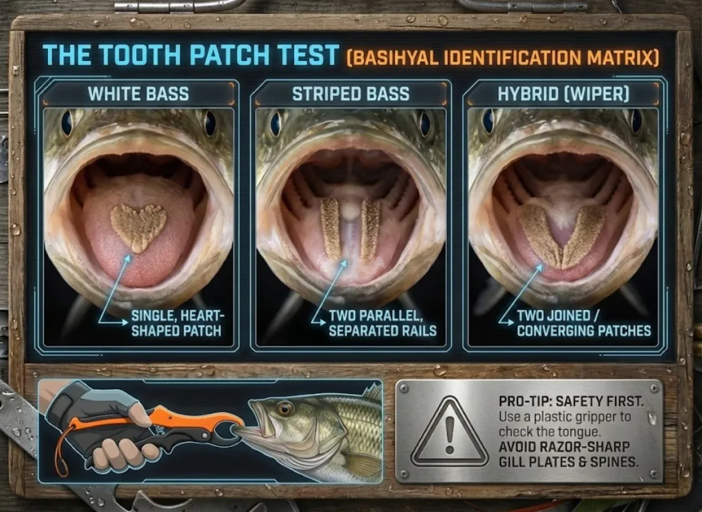 A photorealistic infographic comparison matrix titled "THE TOOTH PATCH TEST (BASIHYAL IDENTIFICATION)". Three close-up macro panels show the tongues of different fish species: left panel shows a White Bass with a single heart-shaped patch; middle panel shows a Striped Bass with two parallel, separated patches; right panel shows a Hybrid Wiper with two joined patches. Below, a safety pro-tip illustrates using a fish gripper to avoid sharp gill plates.
