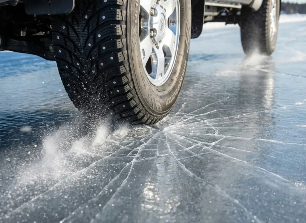 Close up action shot of a truck tire driving on ice, visualizing the hydrodynamic bow wave and stress fractures.