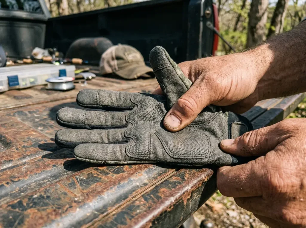 Close inspection of a noodling glove palm showing the weave that decides puncture protection