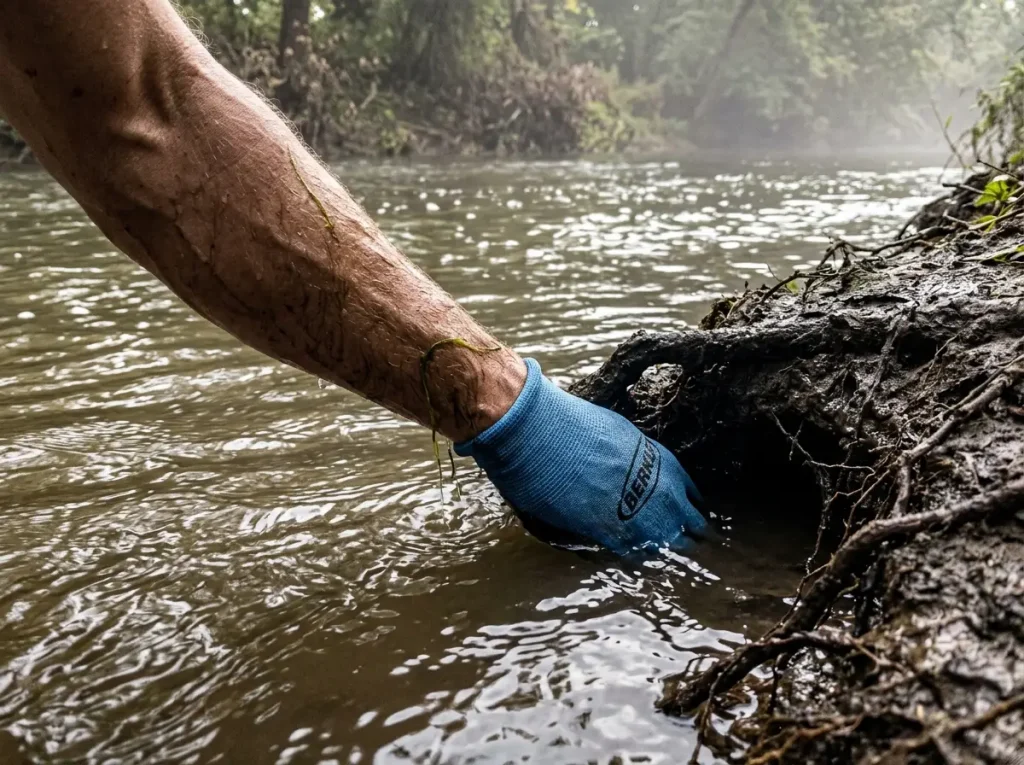 Thin gloved hand disappearing into a dark submerged bank hole where feel matters more than armor