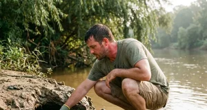 Thick vs Thin Noodling Gloves Which Protects More Angler in noodling gloves crouched at a muddy river bank sizing up a submerged catfish hole