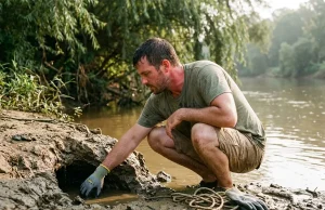 Thick vs Thin Noodling Gloves Which Protects More Angler in noodling gloves crouched at a muddy river bank sizing up a submerged catfish hole