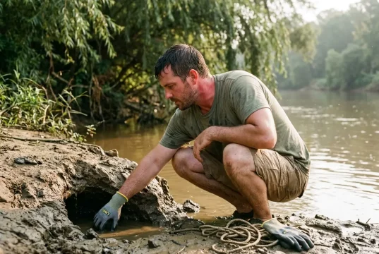 Thick vs Thin Noodling Gloves Which Protects More Angler in noodling gloves crouched at a muddy river bank sizing up a submerged catfish hole