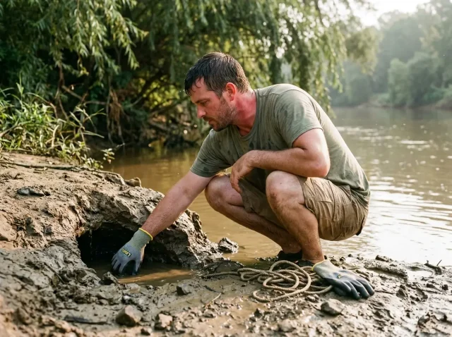 noodling-gloves-protection-hero-river-bank Angler in noodling gloves crouched at a muddy river bank sizing up a submerged catfish hole