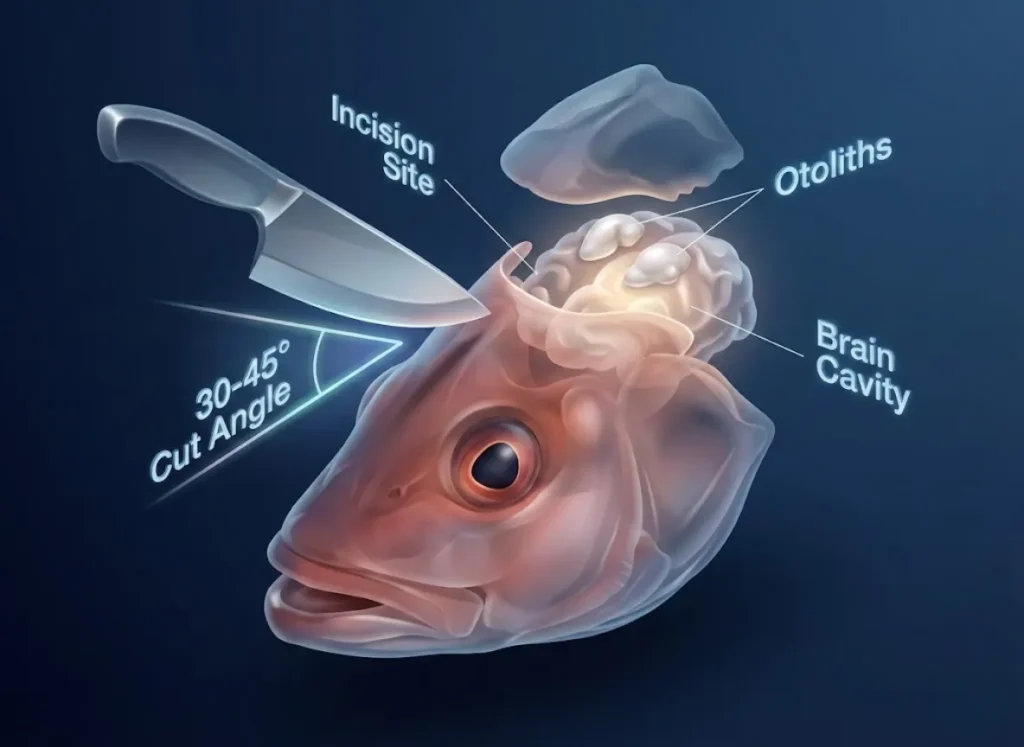 A high-definition 3D biological infographic showing a cross-section of a fish head. It illustrates the "Open Hatch" method, highlighting a 45-degree knife cut behind the eyes to reveal the brain cavity and the white otolith bones inside.