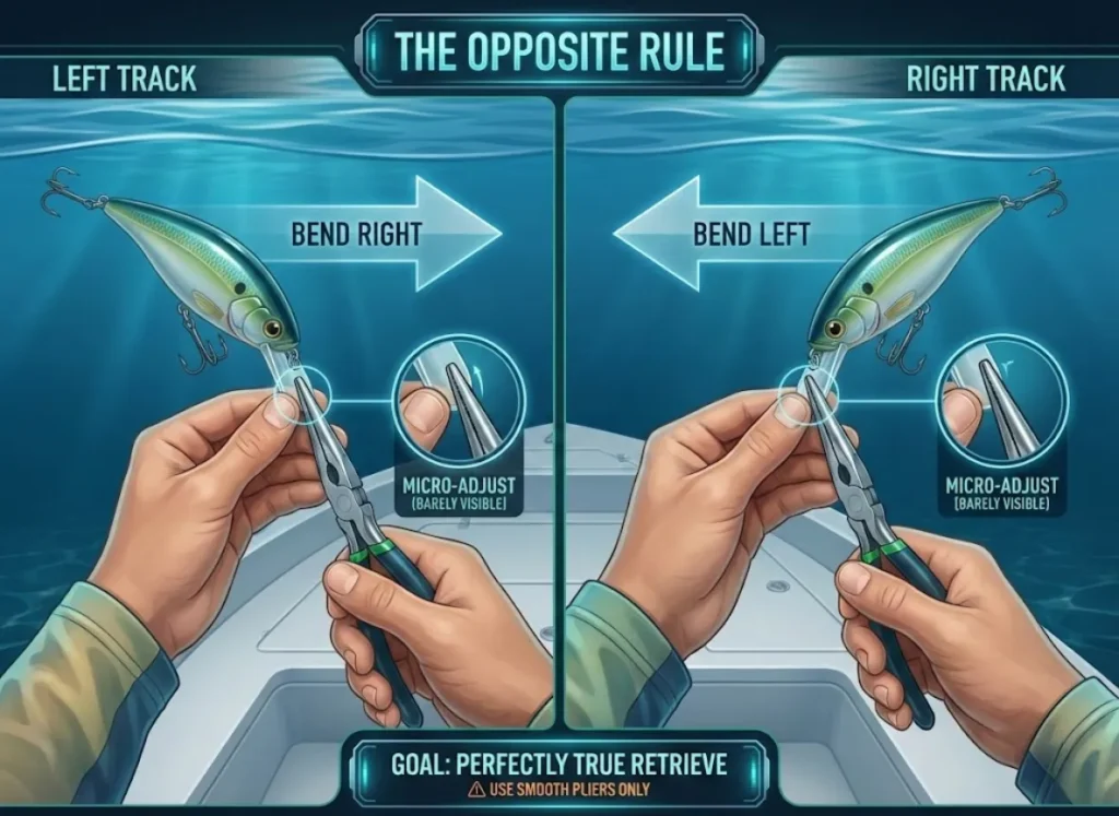 A split-screen infographic from an angler's perspective illustrates the "Opposite Rule" for tuning fishing lures. On the left panel, a lure in water tracks to the left, with an arrow pointing right to "BEND RIGHT." On the right panel, a lure tracks right, with an arrow pointing left to "BEND LEFT." Both panels show hands with smooth pliers making microscopic adjustments.