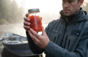 Osmosis & pH: The Biochemistry of Curing Salmon Eggs A professional angler in a Simms hoodie examines a backlit jar of cured salmon eggs on a misty riverbank, highlighting the translucency and chemical perfection of the bait.
