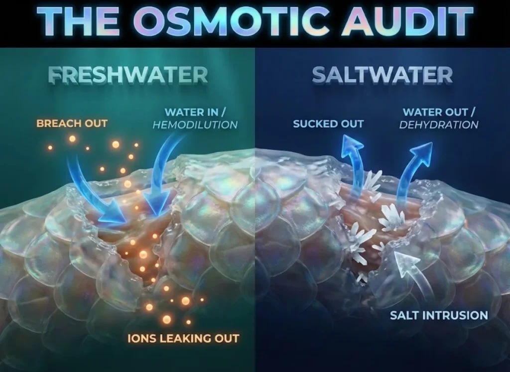 A split-screen scientific illustration titled "The Osmotic Audit." The left side shows a freshwater fish with a damaged slime coat, illustrating water entering and ions leaking out. The right side shows a saltwater fish with similar damage, showing water exiting and salt entering. High-end 3D vector style.