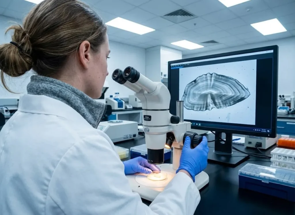 A fisheries biologist in a modern lab examining an otolith cross-section under a microscope, with a monitor displaying distinct growth rings.