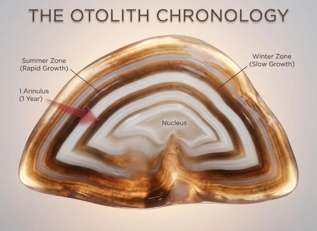 A stunning microscopic macro view of a sectioned fish otolith (ear stone), displaying concentric dark and light growth rings similar to a tree trunk. Sleek red indicators point to the annuli to demonstrate fish aging techniques.