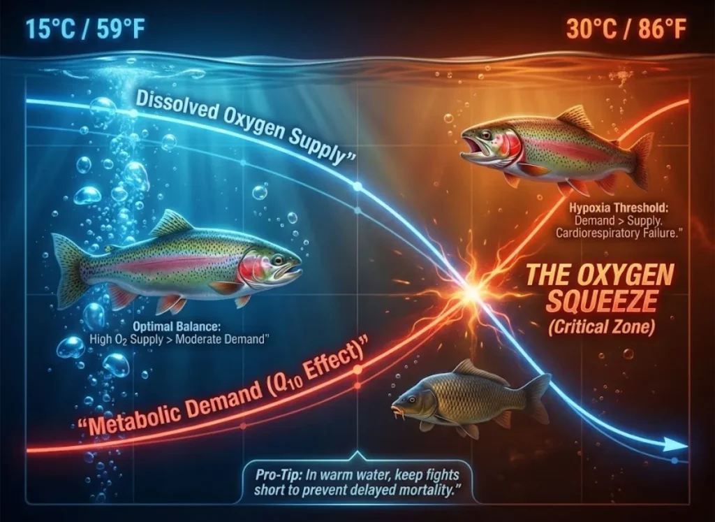 A semantic infographic illustrating "The Oxygen Squeeze" in fish. The left side shows cool water with high oxygen and a healthy trout. The right side shows warm water with low oxygen, a stressed trout, and a resilient carp. A glowing graph overlays the scene, showing a blue "Dissolved Oxygen Supply" line dropping and a red "Metabolic Demand" line rising as temperature increases, intersecting in a "Critical Zone" labeled "THE OXYGEN SQUEEZE." Text labels explain the physiological bottleneck and offer a fishing pro-tip. The style is a premium vector-realism fusion.