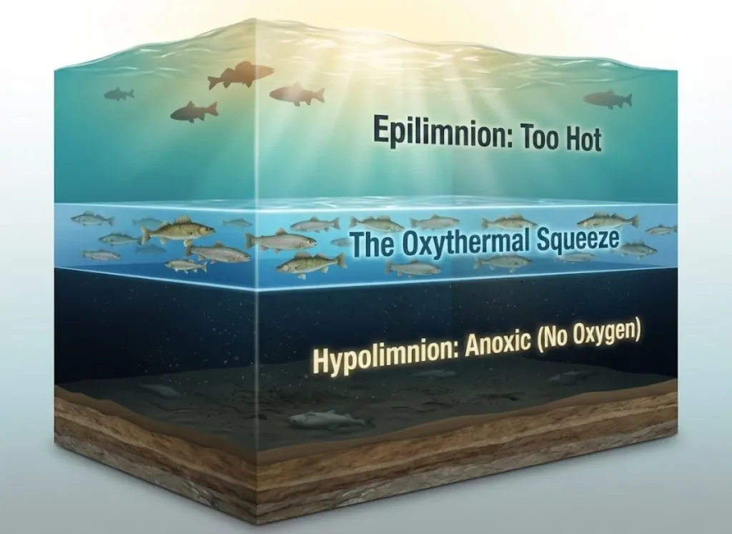 A 3D cross-section infographic of a lake showing three distinct layers: the sunlit Epilimnion, the dark Hypolimnion, and a narrow middle band containing a dense school of fish, labeled 'The Squeeze.'