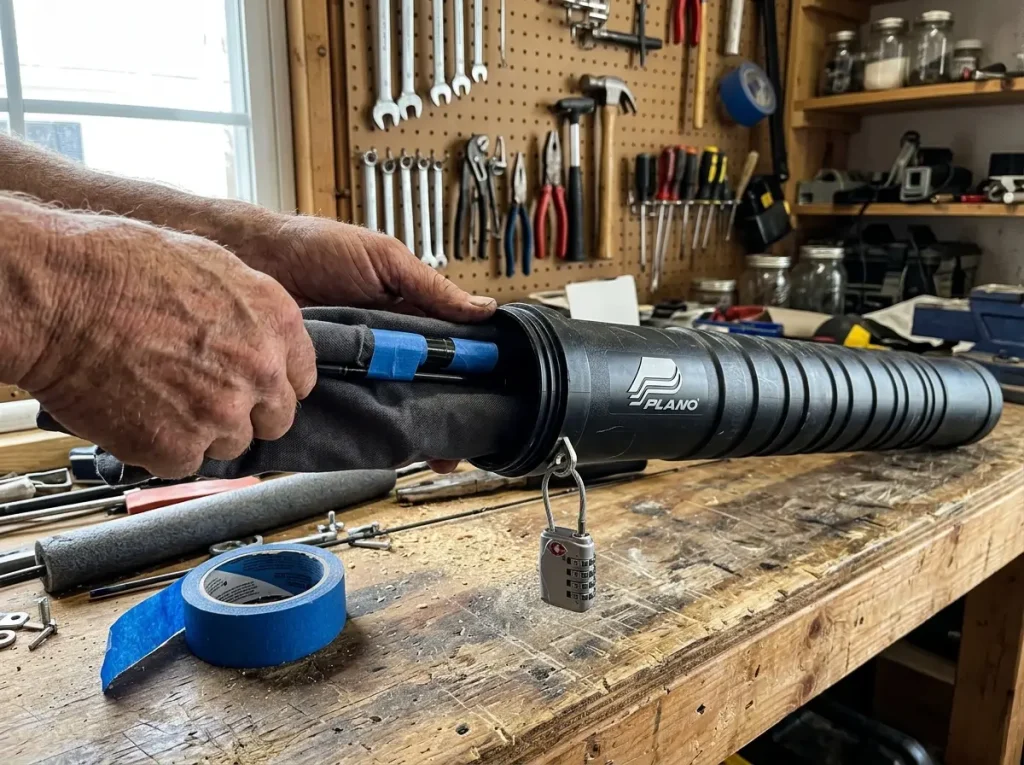 Packing taped rod sections into a hard telescoping rod case and securing it with a TSA lock