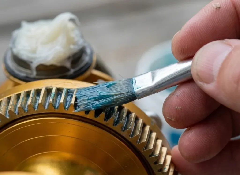 Macro shot of applying a thin film of Lucas Oil Marine Grease to brass reel gears using a brush.