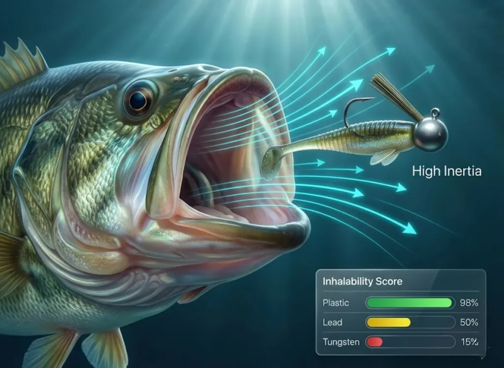 A split-view semantic infographic showing a Largemouth Bass attempting to suck in a heavy lure. The image illustrates fluid dynamics where water enters the mouth but the heavy tungsten lure lags behind due to inertia. A floating data table compares the inhalability of Plastic, Lead, and Tungsten.