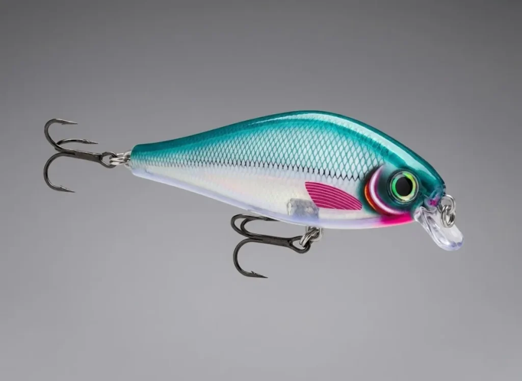Macro photography of a Rapala lure suspended underwater, highlighting neutral buoyancy and hook details.