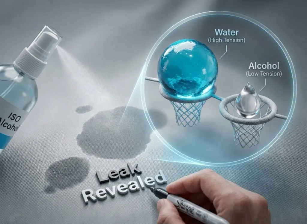 A split-view educational illustration showing how to find leaks in waders. The main view shows a spray bottle applying alcohol to fabric, revealing dark spots. A magnified inset compares surface tension, showing a large water molecule sitting on a pinhole like a basketball on a hoop, while a smaller alcohol molecule slips through like a golf ball.