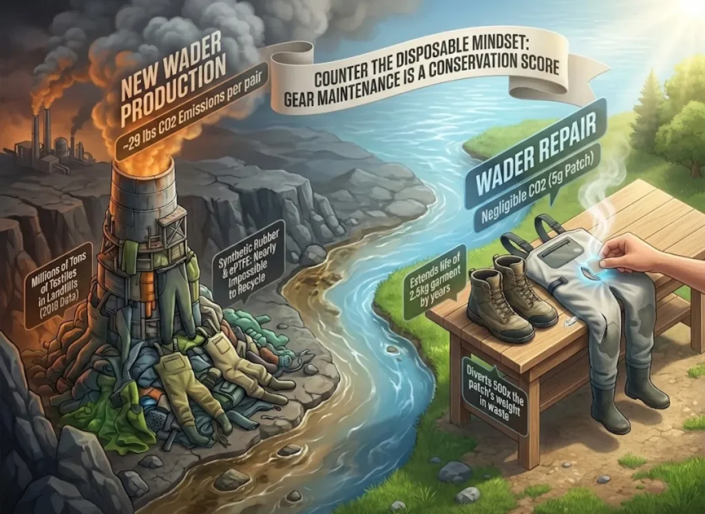 A sophisticated 3D infographic comparing the environmental impact of new wader production versus repair. On the left, a massive, smoking industrial stack made of discarded waders represents high CO2 emissions and landfill waste. On the right, a tiny, glowing patch on a repaired wader represents minimal impact and waste diversion. Text labels detail the data points for CO2, weight, and recycling challenges.