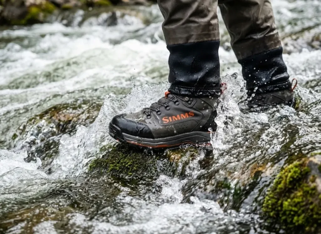 Close up of water rushing over Simms G4 Pro wading boots in a river current.