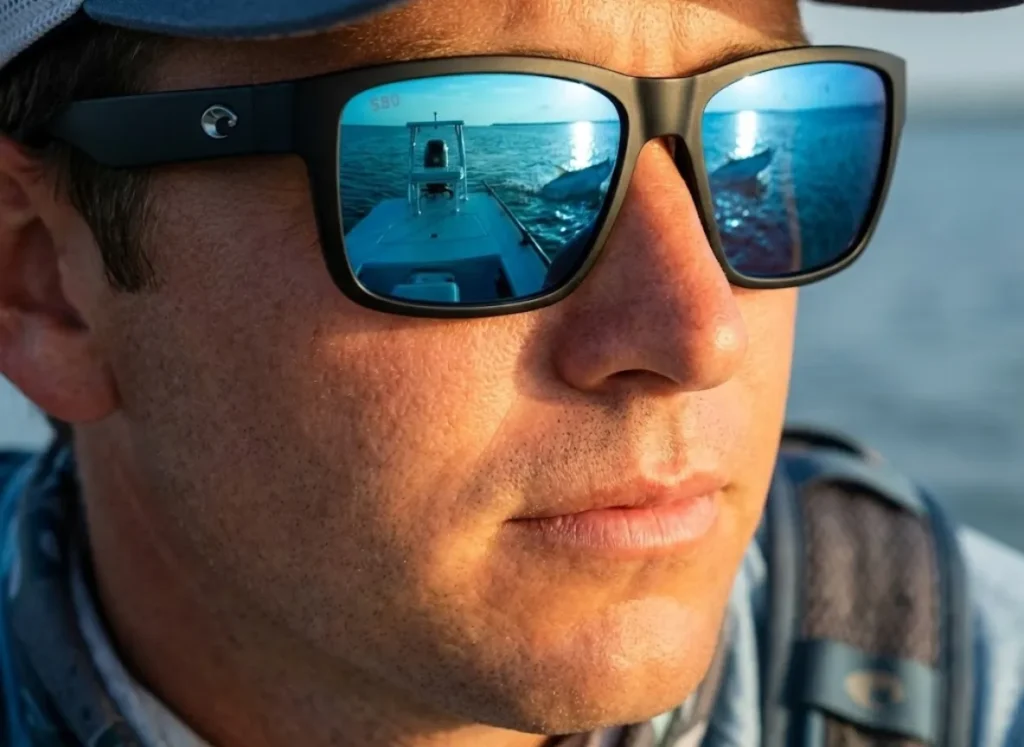 Close-up of an angler's polarized sunglasses reflecting a tropical flat and a rolling tarpon, demonstrating visual target acquisition gear.