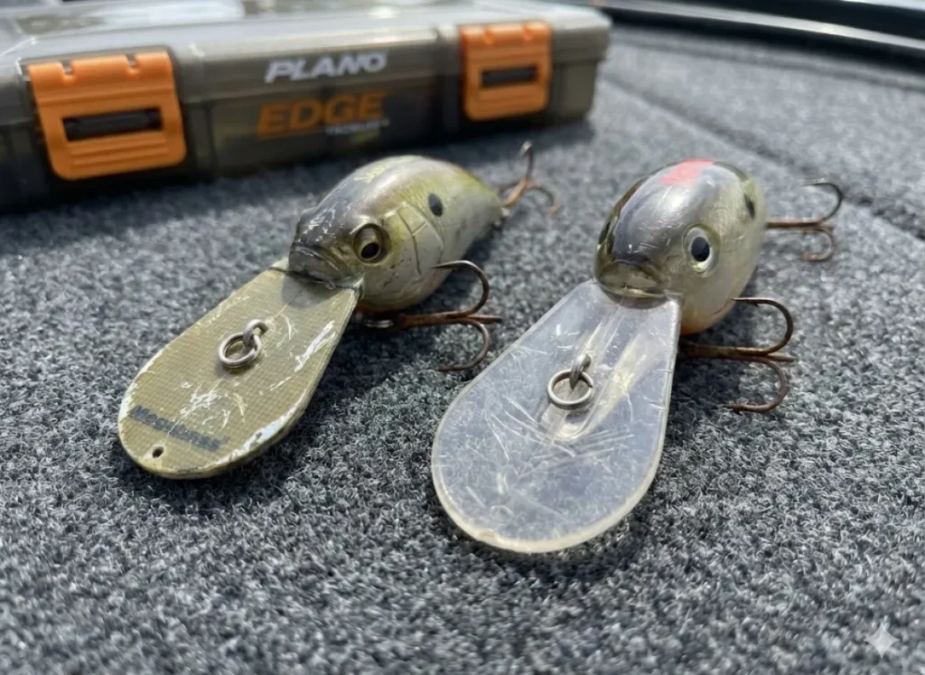 Macro comparison of a Megabass circuit board lip and a Rapala polycarbonate lip