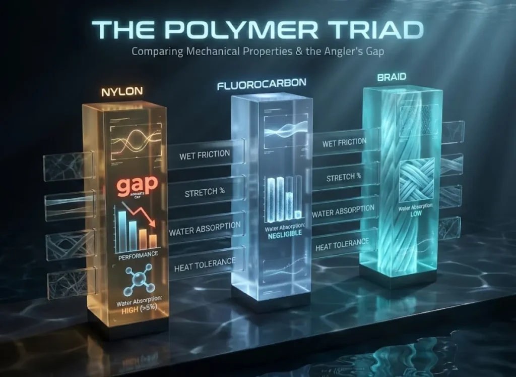 A premium 3D infographic titled 'The Polymer Triad' comparing the mechanical properties of Nylon, Fluorocarbon, and Braid. The visual highlights the 'Angler's Gap' in Nylon caused by water absorption, featuring a sleek, modern editorial design with cinematic lighting.