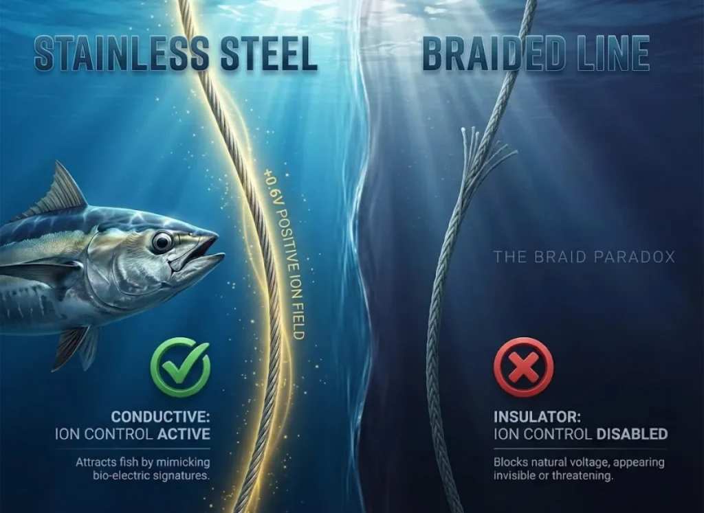 A high-end 3D editorial infographic comparing a conductive stainless steel cable with active positive ion control (+0.6V) against an insulating braided line. The scene uses cinematic underwater lighting to show how the steel cable attracts fish while the braided line disables the electrochemical advantage.