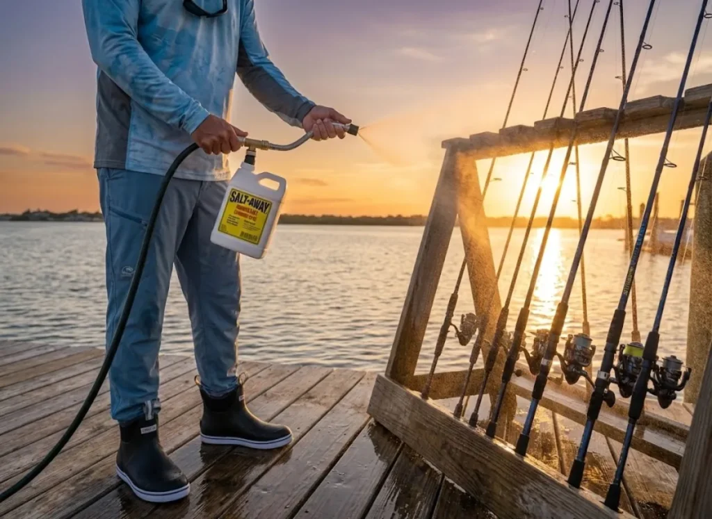 Angler on a dock using Salt-Away and a hose to gently mist St. Croix fishing rods at sunset.