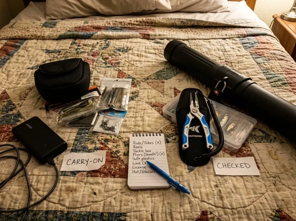 Fishing gear sorted into carry-on and checked bag piles the night before a flight, pliers going checked