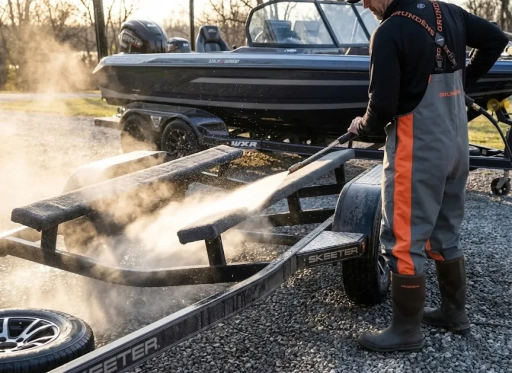 Angler using a Simpson pressure washer to clean a Skeeter boat trailer with hot water steam visible.