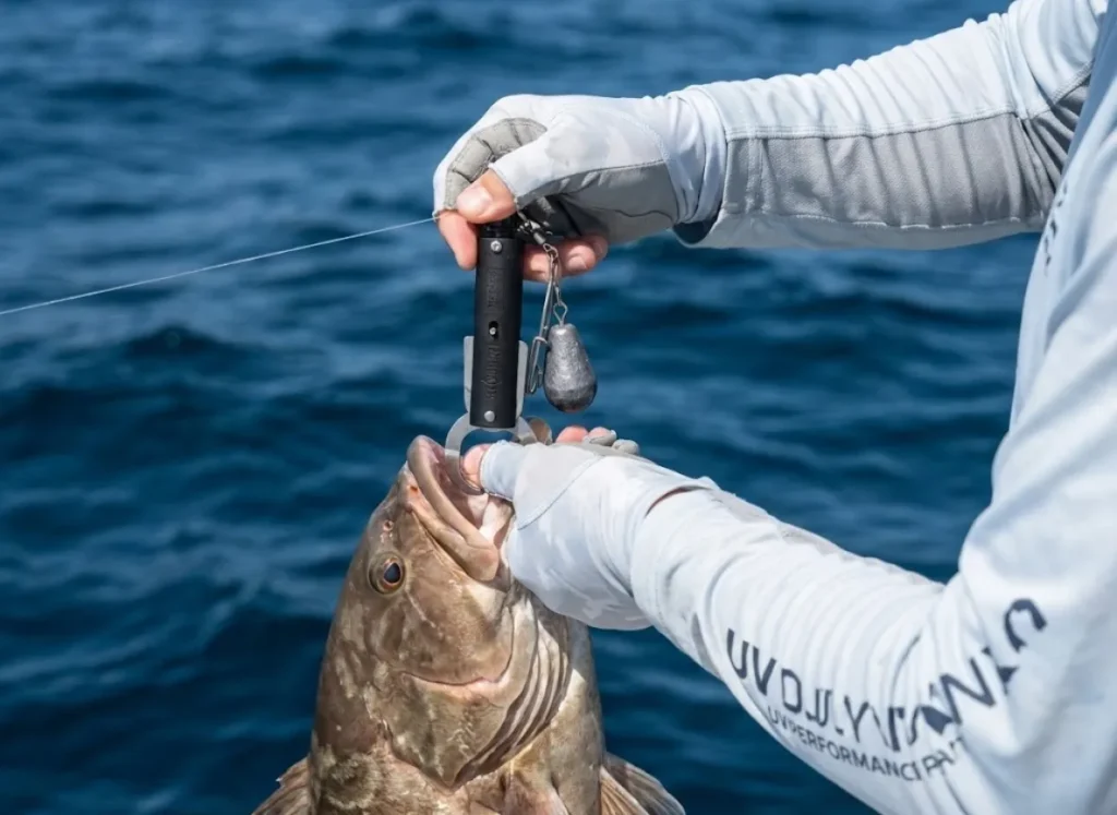 Angler attaching a weighted descending device to a fish's lip to safely return it to deep water.