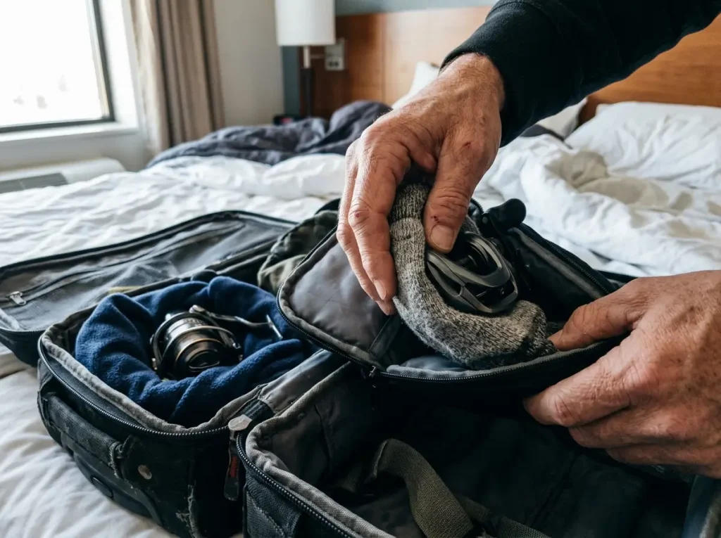 A padded fishing reel wrapped in a sock and packed into a carry-on to protect it from baggage handling