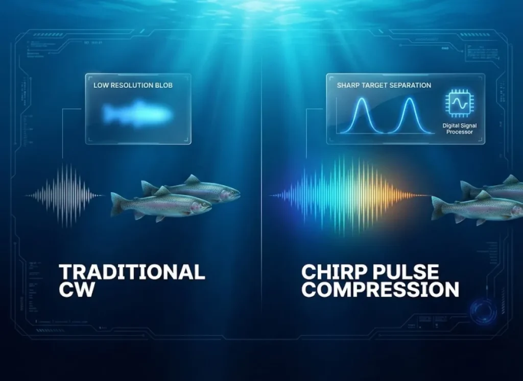 A technical split-screen infographic comparing traditional CW sonar with CHIRP pulse compression. The left side shows a short pulse creating a blurred "blob" of two fish, while the right side shows a long frequency-sweeping CHIRP pulse resolving two distinct fish arches with high clarity in a cinematic underwater setting.