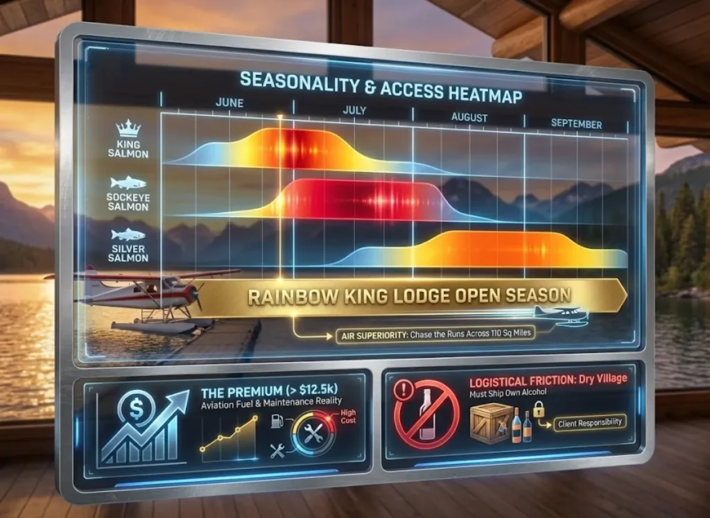 A sophisticated seasonality heatmap infographic for Rainbow King Lodge. It displays peak run times for King, Sockeye, and Silver salmon across June to September, overlaid with a bar showing the lodge's operational season. Additional data points highlight the premium cost related to aviation and the "Dry Village" logistical constraint.