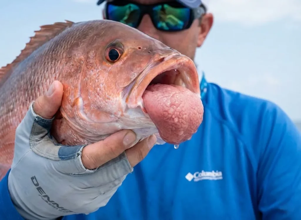 Close up of a fish with an everted stomach protruding from its mouth due to rapid pressure change.