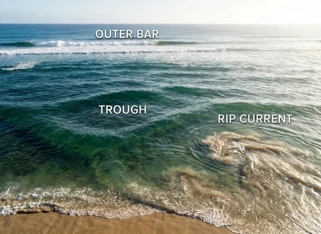 A realistic eye-level visual guide of a beach shoreline, demonstrating how to identify water depth through wave patterns. Labels highlight the white water on the 'Outer Bar', the deep green 'Trough', and the agitated 'Rip Current'.