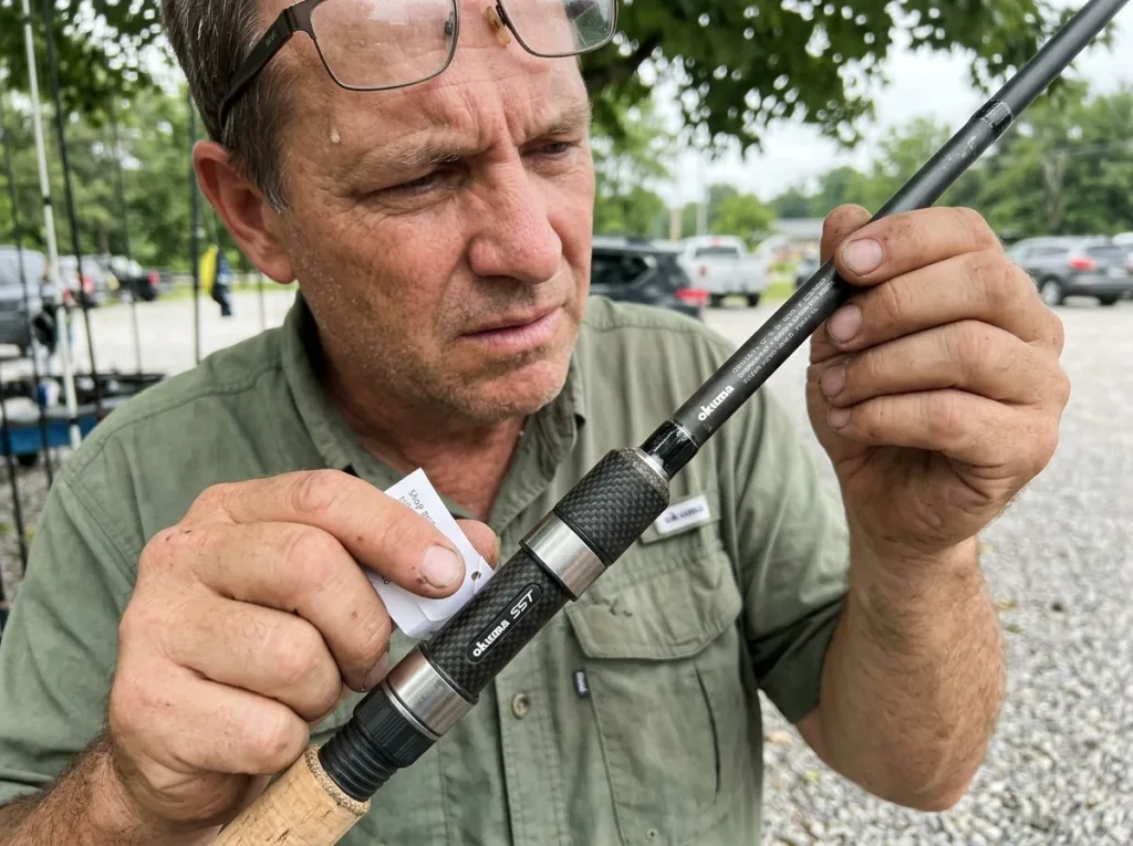 Angler reading the printed modulus and IM rating specs stamped near a rod handle